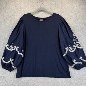 Chicos Embroidered Top XL Beachy Nautical Cottage Stretchy Balloon Sleeve 2022